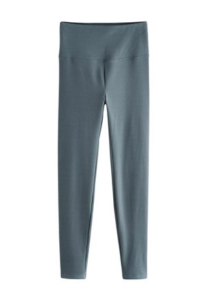 Leggings izrađene od mekog, rastezljivog materijala u umirujućoj tirkiznoj boji. Imaju široku, visoku elasticu i prilagođeni siluet. Bez uzoraka ili dodataka.
