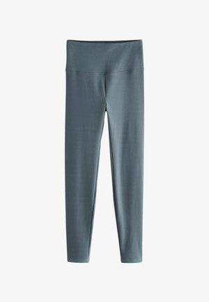 Leggings gemaakt van zachte, rekbare stof in een gedempt blauwgroene kleur. Beschikt over een brede, hoge tailleband en een aansluitende pasvorm. Geen patronen of accenten.