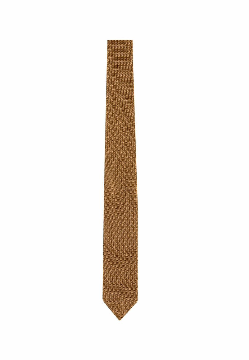 corbata marrón con un patrón texturizado, forma estrecha y punta afilada. La tela presenta un diseño geométrico elevado.