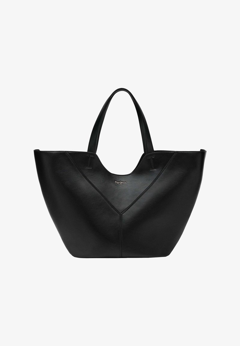 Sac fourre-tout en cuir noir avec base large, ouverture supérieure légèrement courbée, doubles poignées et petit logo de marque central.