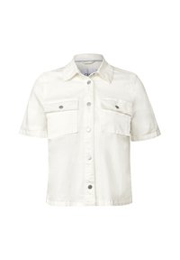 Camicia bianca a maniche corte in tessuto di cotone con colletto all'americana, dotata di due tasche frontali sul petto e dettagli in bottone argentato.
