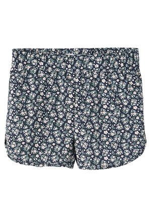 Mørkeblå dame shorts med elastisk linning og et overalt lille hvidt og lyserødt blomsterprint.