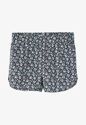 Damskie granatowe szorty z elastycznym paskiem w talii i drobnym, białym i różowym kwiatowym wzorem na całej powierzchni.