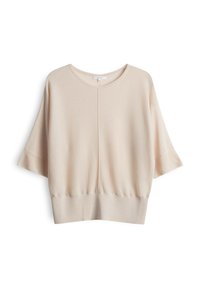 Hellbeige Pullover mit rundem Halsausschnitt, kurzen Ärmeln und strukturierter Oberfläche. Verfügt über eine Nahtdetail in der Mitte. Weiches Strickgewebe.