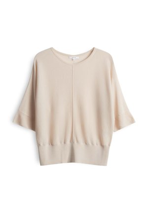 Hellbeige Pullover mit rundem Halsausschnitt, kurzen Ärmeln und strukturierter Oberfläche. Verfügt über eine Nahtdetail in der Mitte. Weiches Strickgewebe.