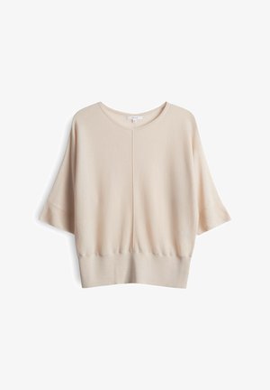 Hellbeige Pullover mit rundem Halsausschnitt, kurzen Ärmeln und strukturierter Oberfläche. Verfügt über eine Nahtdetail in der Mitte. Weiches Strickgewebe.