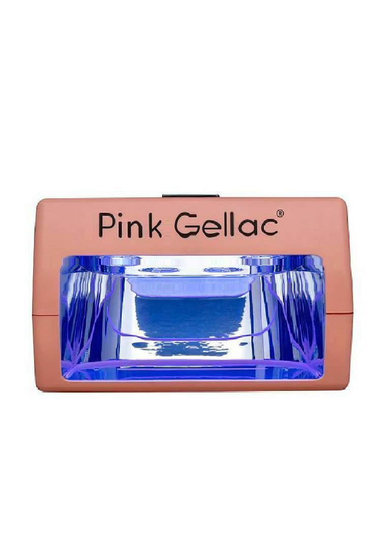Pink Gellac LED-nagellamp met een glanzende roségouden behuizing en een heldere blauwe binnenkant, voorzien van duale UV/LED-lichtbronnen voor het uitharden van nagels.