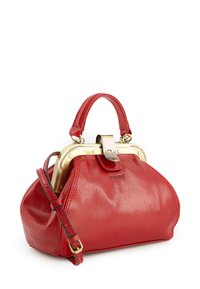 Red leather handbag with a rounded shape, golden metal clasp, short handles, and a detachable strap. Smooth texture, glossy finish.