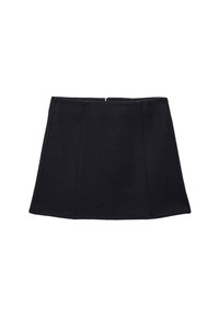Jupe noire en ligne A avec un tissu texturé, présentant une fermeture éclair dissimulée à l'arrière et des détails de couture le long des panneaux.