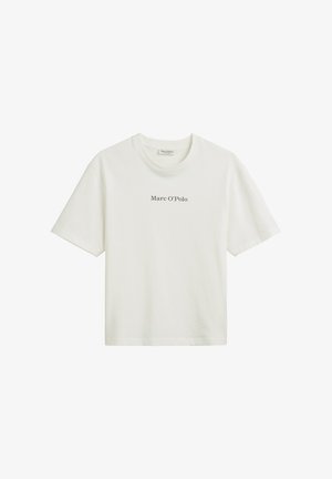Weißes Baumwoll-T-Shirt mit kurzen Ärmeln, runder Ausschnittgestaltung und dem Markennamen "Marc O'Polo" in schwarzer Schrift auf der Vorderseite gedruckt.