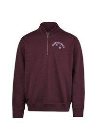 Burgunderfarbener Fleece-Pullover mit halbem Reißverschluss, ausgestattet mit einem weißen gestickten Logo und Akzenten, gerippten Bündchen und einem lässigen Schnitt.