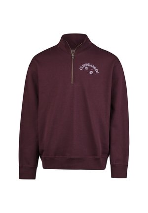 Burgunderfarbener Fleece-Pullover mit halbem Reißverschluss, ausgestattet mit einem weißen gestickten Logo und Akzenten, gerippten Bündchen und einem lässigen Schnitt.