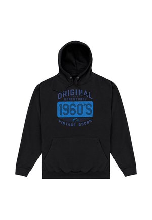 Schwarzer Kapuzenpullover mit Fronttasche, mit blauem Text "Original und unrestaurierte Vintage-Ware aus den 1960er Jahren".