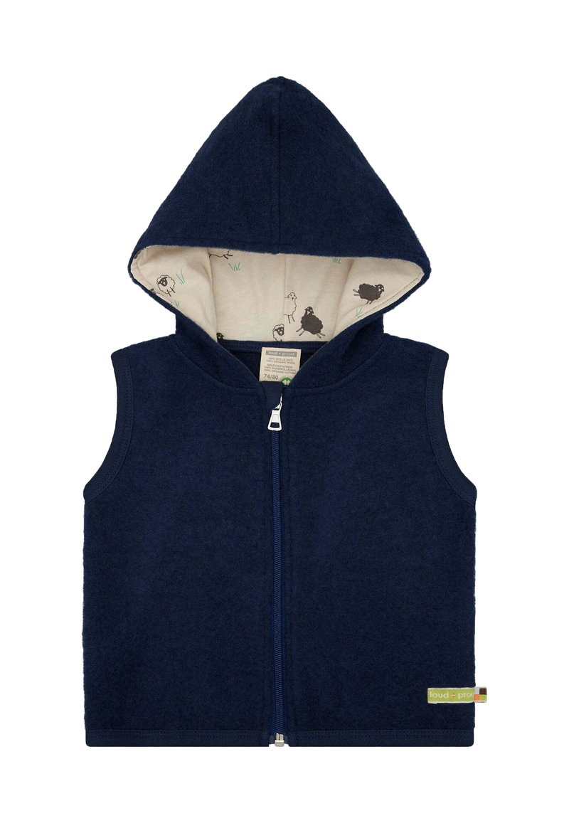 Dunkelblauer Kapuzenwesten aus weichem Fleece, mit einem Frontreißverschluss und einem hellen, gemusterten Innenfutter mit Tieren.