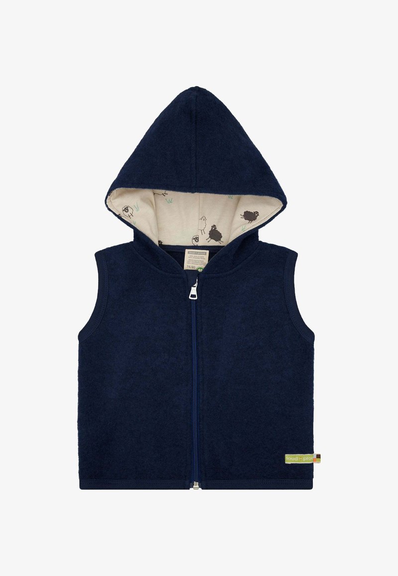 Dunkelblauer Kapuzenwesten aus weichem Fleece, mit einem Frontreißverschluss und einem hellen, gemusterten Innenfutter mit Tieren.