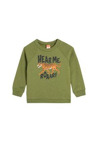 Grüner Sweatshirt mit langen Ärmeln und gerippten Bündchen. Mit einem Tiger-Graphic und dem Text „HEAR ME ROAR!“ in Schwarz und Orange. Material aus Baumwollmischung.