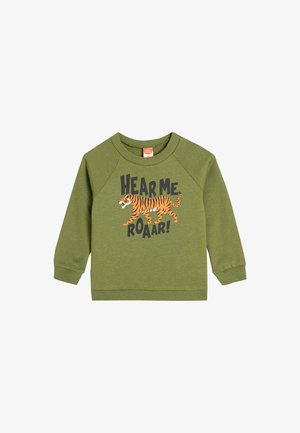 Sudadera verde con mangas largas y puños acanalados. Presenta un gráfico de un tigre y el texto "¡ESCÚCHAME RUGIR!" en negro y naranja. Material de mezcla de algodón.
