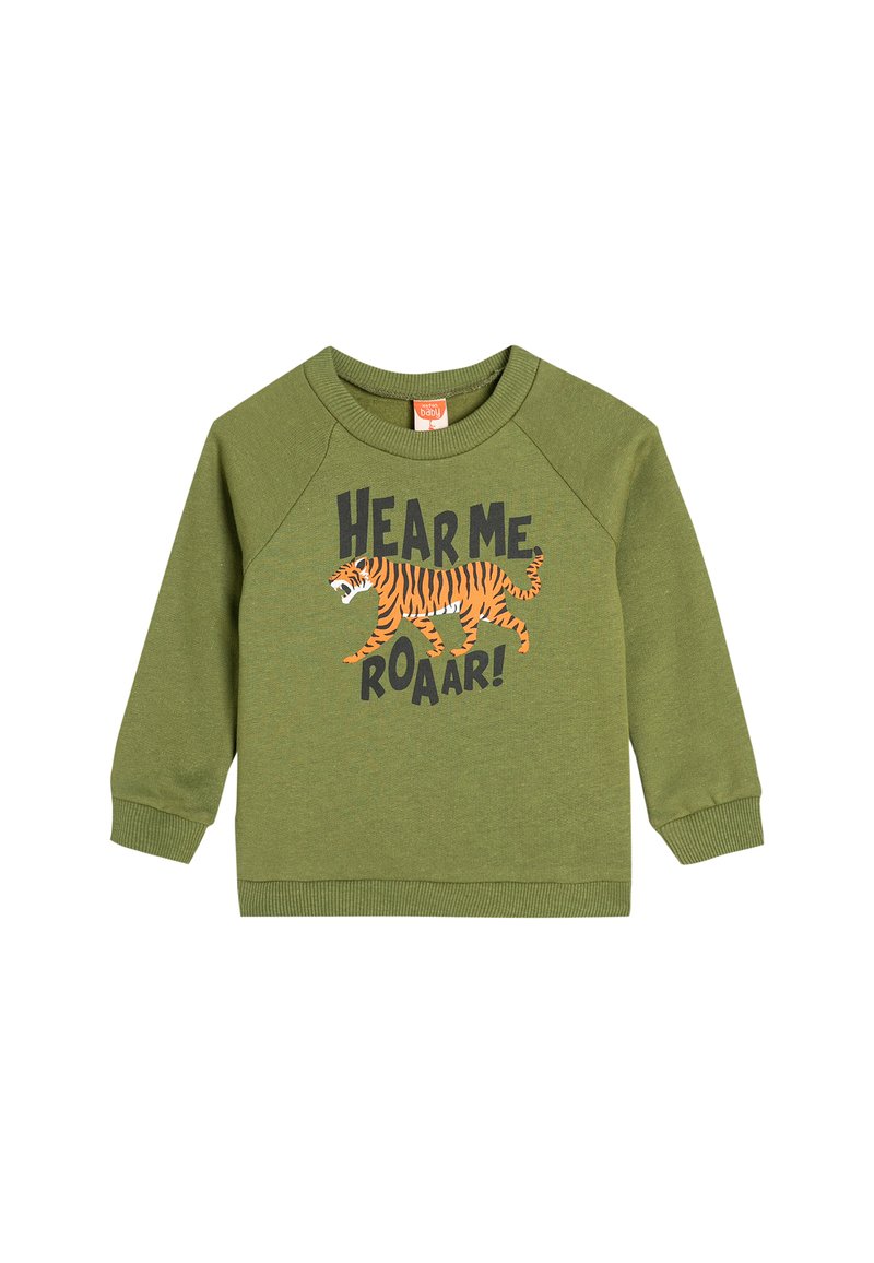 Grüner Sweatshirt mit langen Ärmeln und gerippten Bündchen. Mit einem Tiger-Graphic und dem Text „HEAR ME ROAR!“ in Schwarz und Orange. Material aus Baumwollmischung.