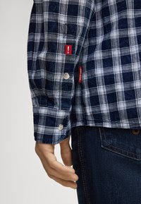 Camicia a quadri blu navy e bianca con maniche lunghe, caratterizzata da bottoni argentati e dettagli rossi. Il tessuto ha una trama intrecciata.