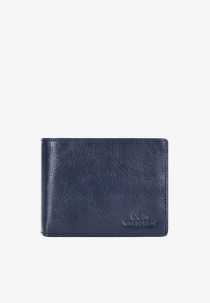 Dark blue leather wallet with a textured surface and a small embossed logo in the bottom right corner on a white background.