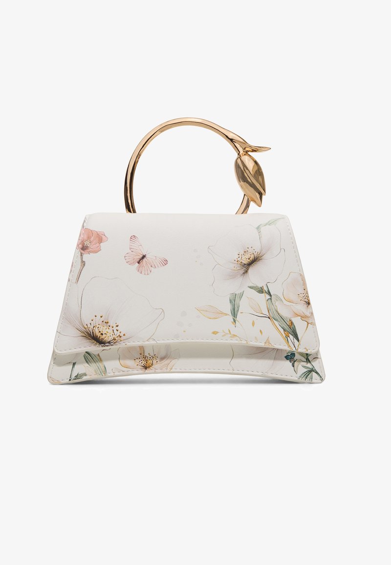 Sac à main blanc avec imprimé floral et papillons, forme trapézoïdale, et poignée ronde dorée avec détail feuille.