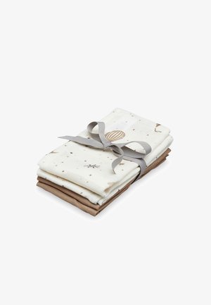 Ensemble de quatre linges en coton mousseline beiges et crème, avec des motifs d'étoiles et de montgolfières, noués avec un ruban gris.