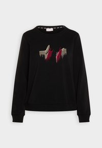 Černá mikina s dlouhými rukávy, na přední straně zdobená vyšívaným textem ve zlaté, červené a růžové metalické barvě, kulatý výstřih s detaily loga.