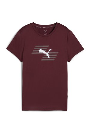 T-shirt court à manches courtes de couleur bordeaux en coton. Présente un motif rayé gris avec un logo Puma blanc sur le devant. Texture douce, design à col rond.