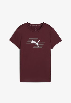 T-shirt a maniche corte color marrone, realizzato in cotone. Presenta una grafica a righe grigie con un logo Puma bianco sul fronte. Texture morbida, design con collo a giro.