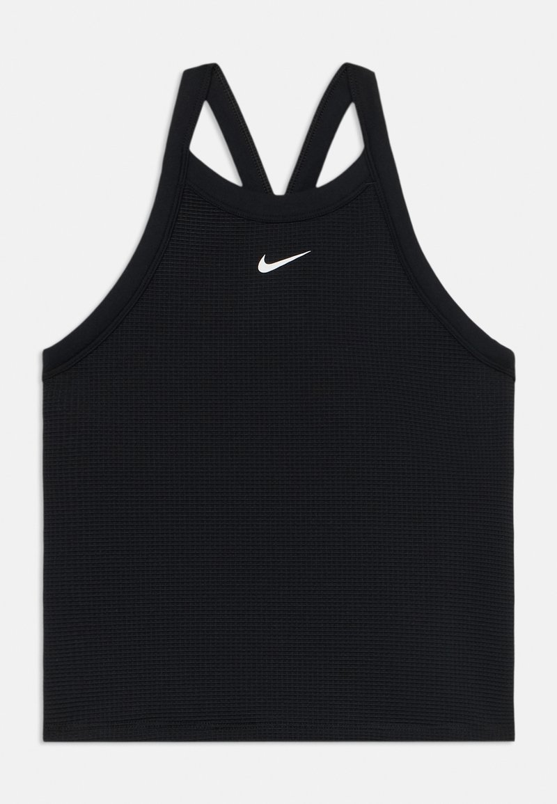 Juodasis sportinis marškinėliai su tekstūruota medžiaga, turintys apvalų iškirpimą ir dvi petines juostas. Baltoji Nike logo ant krūtinės.