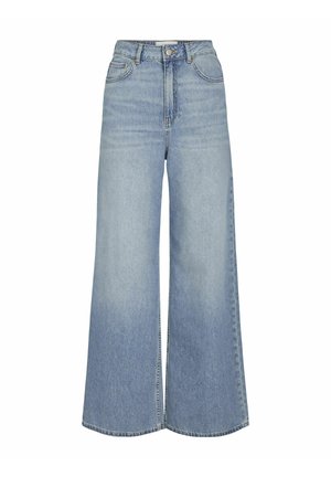 Helle blaue weite Jeans aus Denim, mit hoher Taille, Fronttaschen und einem subtilen Verblassungsmuster. Der Saum ist unversäubert.