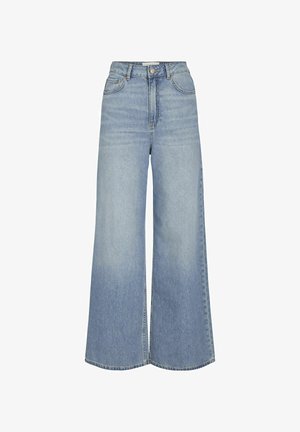 Light blue wide-leg jeans made of denim, featuring a high waist, front pockets, and a subtle fading pattern. Hem is raw-edged.
