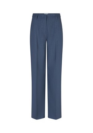 Blauwe pantalon met krijtstreep en rechte pijp, gemaakt van een gladde stof, met een klassieke tailleband en zonder zichtbare zakken.