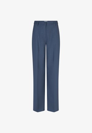 Blauwe pantalon met krijtstreep en rechte pijp, gemaakt van een gladde stof, met een klassieke tailleband en zonder zichtbare zakken.