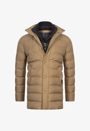 Khakifarbene Daunenjacke mit Kragen, horizontalem Steppmuster, Knopfverschluss vorne und zwei Seitentaschen. Innenfutter in Schwarz.