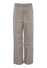 Khaki trousers made of cotton blend, featuring a straight leg design, flat front, and a smooth texture with two front pockets.