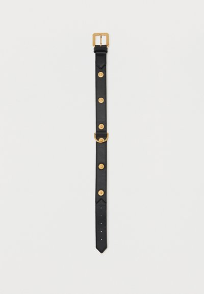 Μαύρη δερμάτινη ζώνη με χρυσή αγκράφα, πέντε διακοσμητικά χρυσά κουμπιά και χρυσό κρίκο D σε λευκό φόντο.