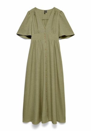 Abito midi con bottoni in verde oliva, maniche corte svolazzanti e scollo a V.