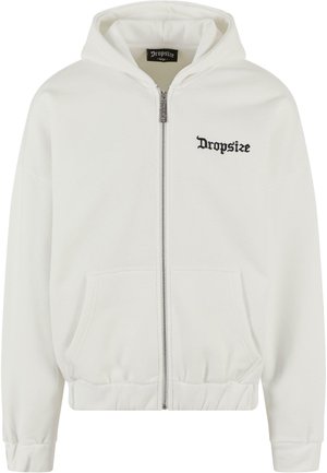 White zip-up hoodie with two front pockets. Features a drawstring hood and "Dropsize" logo in black embroidery on the left chest.