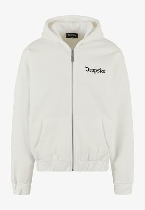 White zip-up hoodie with two front pockets. Features a drawstring hood and "Dropsize" logo in black embroidery on the left chest.