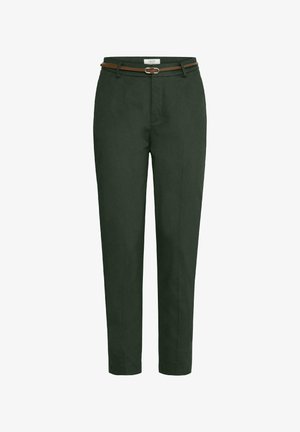 Pantalons ajustés vert foncé avec une texture lisse, dotés d'une ceinture marron avec une boucle circulaire et d'une coupe droite.