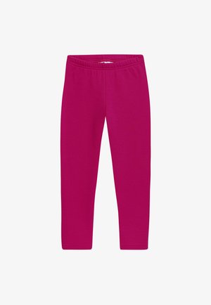 Fuchsia leggings made from a soft, stretchy fabric, featuring an elastic waistband and a close-fitting design without noticeable seams.