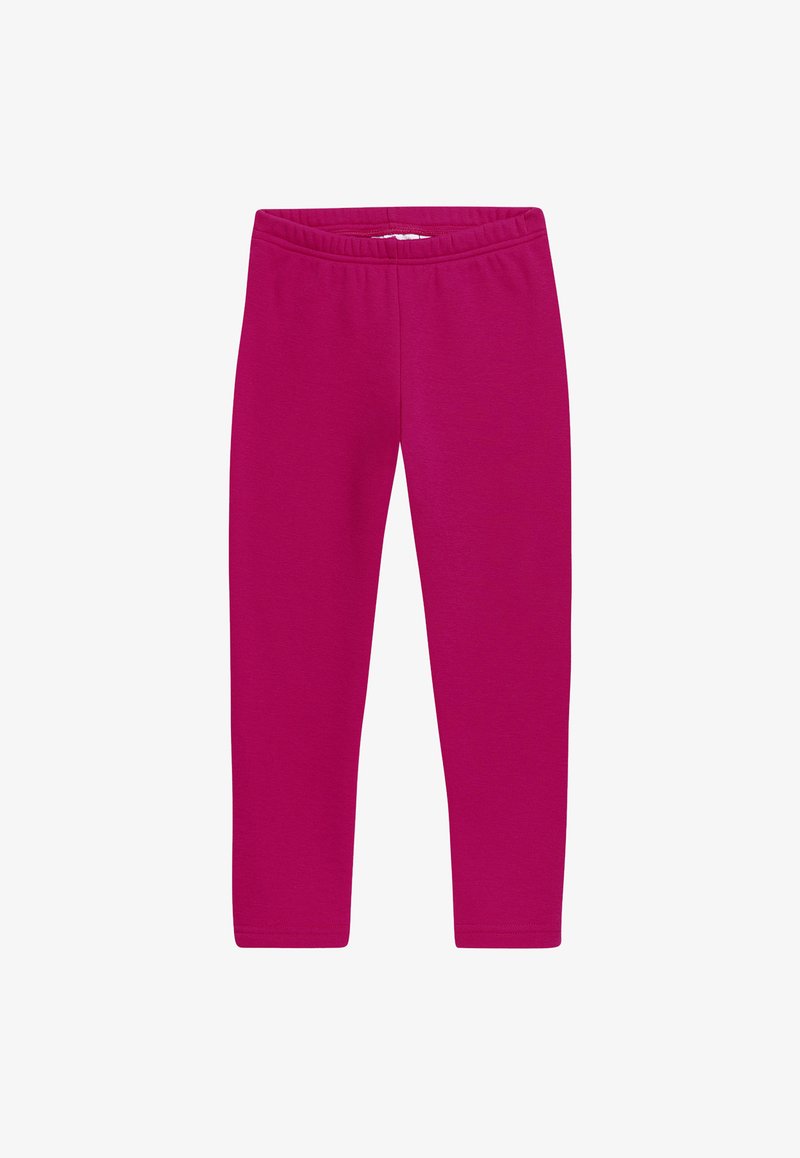 Fuchsia leggings made from a soft, stretchy fabric, featuring an elastic waistband and a close-fitting design without noticeable seams.