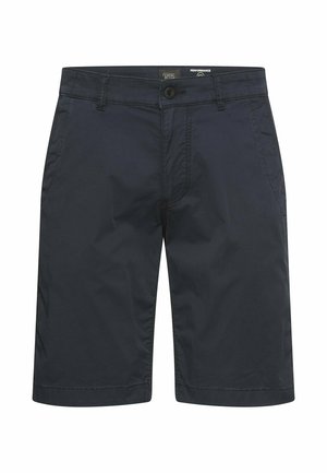 Marineblaue Herren-Shorts mit Gürtelschlaufen, Knopfverschluss und seitlichen Taschen, entworfen für legere oder aktive Freizeitbekleidung.