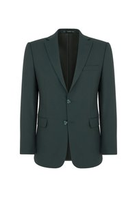 Ciemnozielony żakiet wykonany z fakturowanej tkaniny. Posiada klapy w kształcie litery V, zapięcie na dwa guziki oraz kieszeń na piersi. Slim fit.