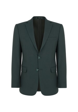Ciemnozielony żakiet wykonany z fakturowanej tkaniny. Posiada klapy w kształcie litery V, zapięcie na dwa guziki oraz kieszeń na piersi. Slim fit.