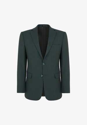 Ciemnozielony żakiet wykonany z fakturowanej tkaniny. Posiada klapy w kształcie litery V, zapięcie na dwa guziki oraz kieszeń na piersi. Slim fit.