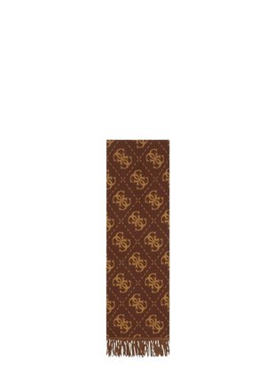 Brauner Schal mit beige diamantförmigem Muster mit wiederholten ineinandergreifenden Buchstaben und fransigen Enden.