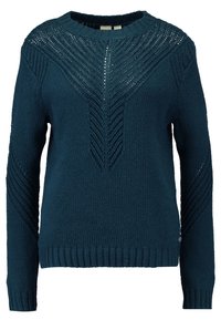 Suéter de punto en azul verdoso oscuro con un cuello y puños acanalados. Presenta intrincados patrones en forma de chevrón a lo largo de los hombros y las mangas.