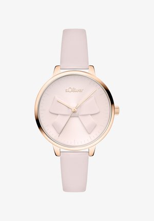Montre en or rose avec un cadran blanc rond présentant un design texturé en forme de nœud. Bracelet en cuir rose clair à finition lisse. Index horaires minimalistes.